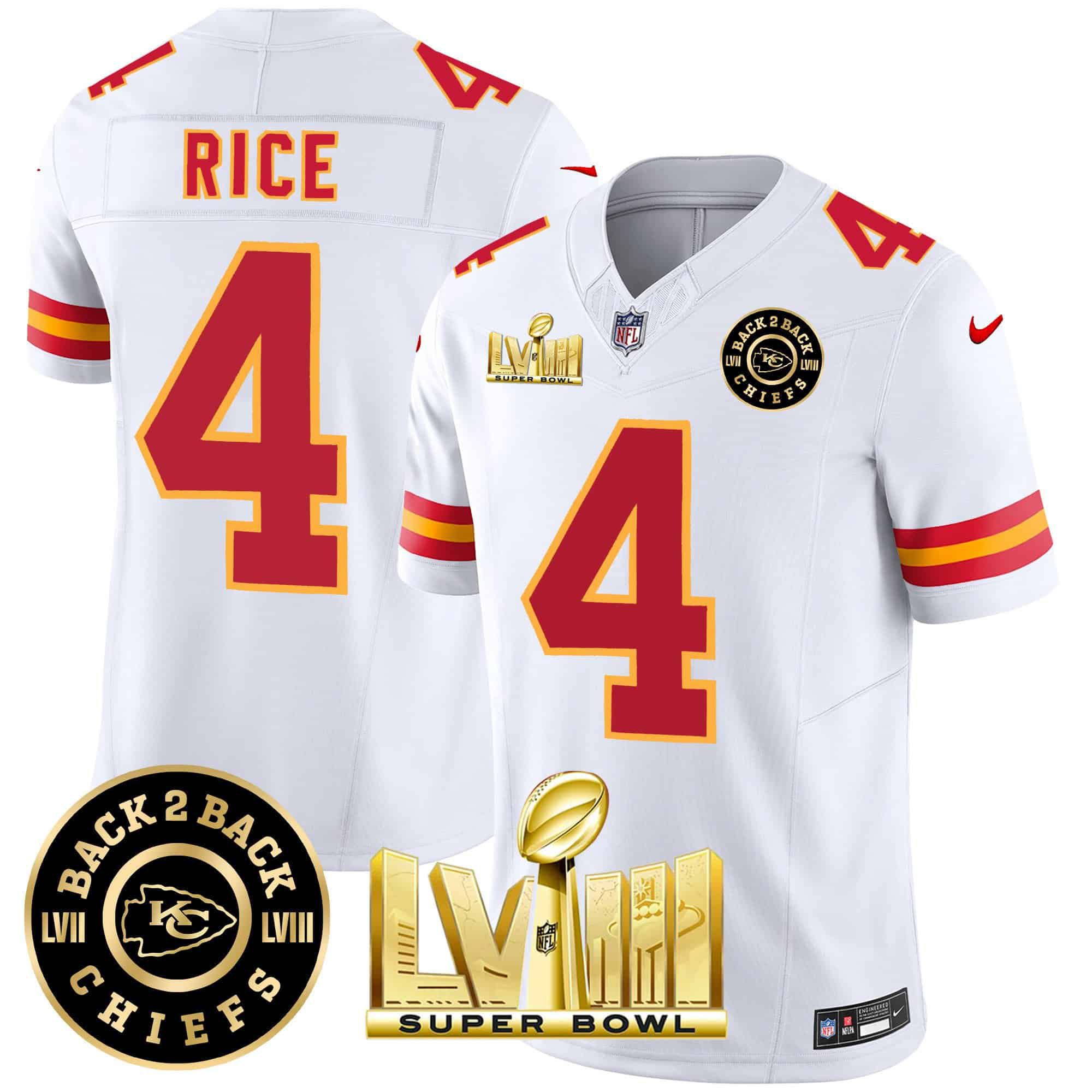 Men Kansas City Chiefs 4 Rice White 2024 Nike Super Bowl LVIII & Back 2 Back Patch Vapor NFL Jersey